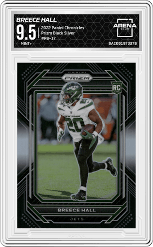 Breece Hall from the 2022 Panini Chronicles set featuring a Silver parallel graded by Arena Club and given an overall grade of 9.5.