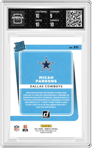 Micah Parsons from the 2021 Panini Donruss set graded by Arena Club and given an overall grade of 9.5.