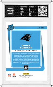 Chuba Hubbard from the 2021 Panini Donruss set featuring a Purple parallel graded by Arena Club and given an overall grade of 9.5.