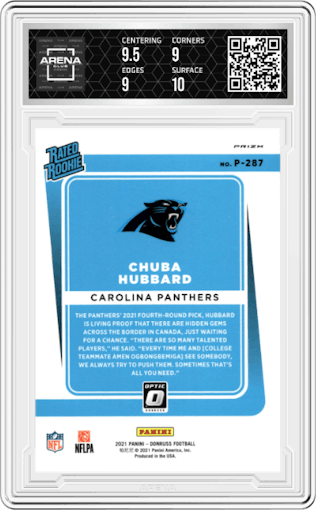 Chuba Hubbard from the 2021 Panini Donruss set featuring a Purple parallel graded by Arena Club and given an overall grade of 9.5.