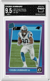 Chuba Hubbard from the 2021 Panini Donruss set featuring a Purple parallel graded by Arena Club and given an overall grade of 9.5.