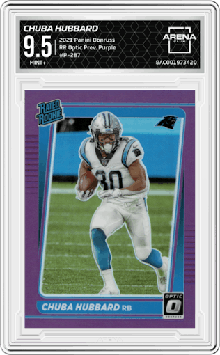 Chuba Hubbard from the 2021 Panini Donruss set featuring a Purple parallel graded by Arena Club and given an overall grade of 9.5.