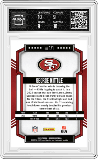 George Kittle from the 2023 Score set graded by Arena Club and given an overall grade of 9.5.