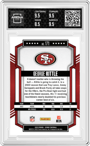 George Kittle from the 2023 Score set graded by Arena Club and given an overall grade of 9.
