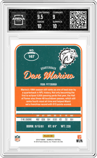Dan Marino from the 2016 Panini Donruss  set graded by Arena Club and given an overall grade of 9.5.