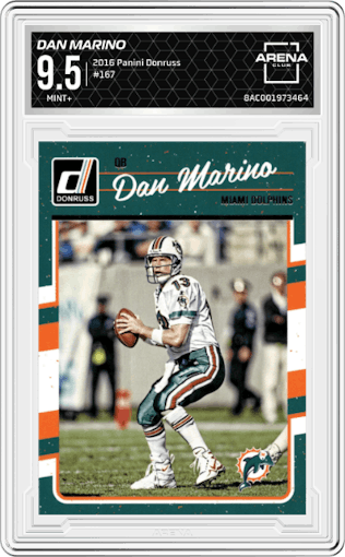 Dan Marino from the 2016 Panini Donruss  set graded by Arena Club and given an overall grade of 9.5.