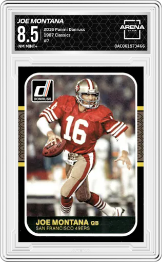 Joe Montana from the 2016 Panini Donruss  set graded by Arena Club and given an overall grade of 8.5.