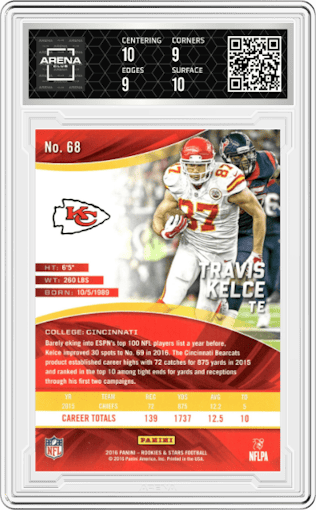 Travis Kelce from the 2016 Panini Rookies & Stars set graded by Arena Club and given an overall grade of 9.5.