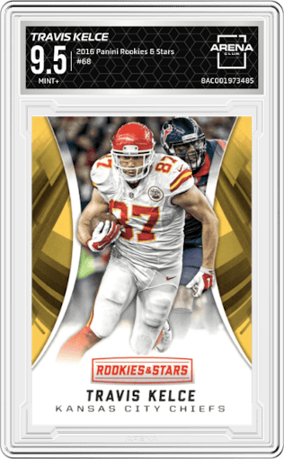 Travis Kelce from the 2016 Panini Rookies & Stars set graded by Arena Club and given an overall grade of 9.5.