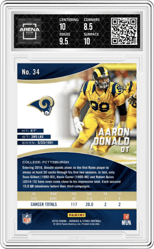 Aaron Donald from the 2016 Panini Rookies and Stars set graded by Arena Club and given an overall grade of 9.