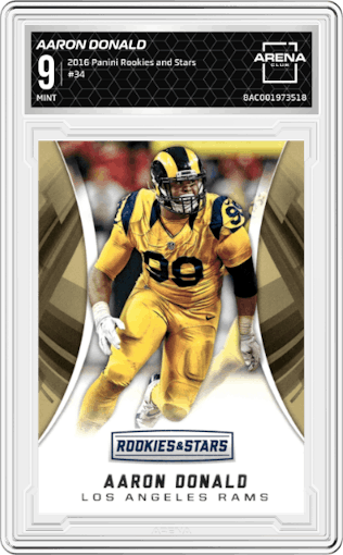 Aaron Donald from the 2016 Panini Rookies and Stars set graded by Arena Club and given an overall grade of 9.