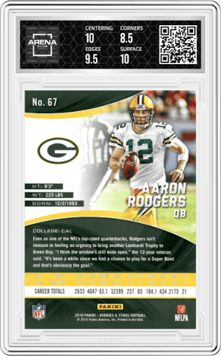 Aaron Rodgers from the 2016 Panini Rookies and Stars set graded by Arena Club and given an overall grade of 9.