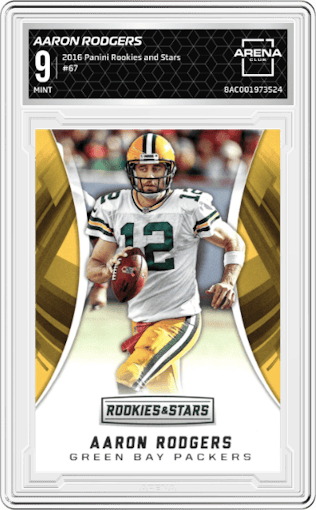 Aaron Rodgers from the 2016 Panini Rookies and Stars set graded by Arena Club and given an overall grade of 9.