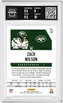 Zach Wilson from the 2021 Panini Phoenix set featuring a Fire Burst parallel graded by Arena Club and given an overall grade of 9.5.