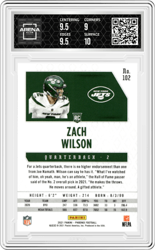 Zach Wilson from the 2021 Panini Phoenix set featuring a Fire Burst parallel graded by Arena Club and given an overall grade of 9.5.