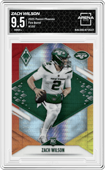 Zach Wilson from the 2021 Panini Phoenix set featuring a Fire Burst parallel graded by Arena Club and given an overall grade of 9.5.