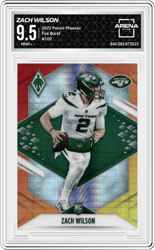 Zach Wilson from the 2021 Panini Phoenix set featuring a Fire Burst parallel graded by Arena Club and given an overall grade of 9.5.