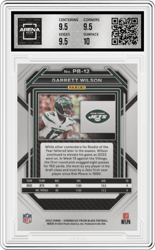 Garrett Wilson from the 2022 Panini Chronicles set graded by Arena Club and given an overall grade of 10.