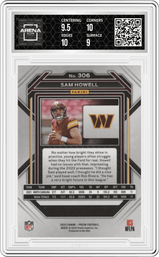 Sam Howell from the 2022 Panini Prizm set graded by Arena Club and given an overall grade of 9.5.