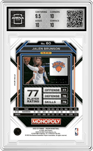 Jalen Brunson from the 2022-23 Panini Prizm Monopoly set featuring a Orange Prizm parallel graded by Arena Club and given an overall grade of 10.