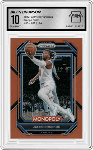 Jalen Brunson from the 2022-23 Panini Prizm Monopoly set featuring a Orange Prizm parallel graded by Arena Club and given an overall grade of 10.
