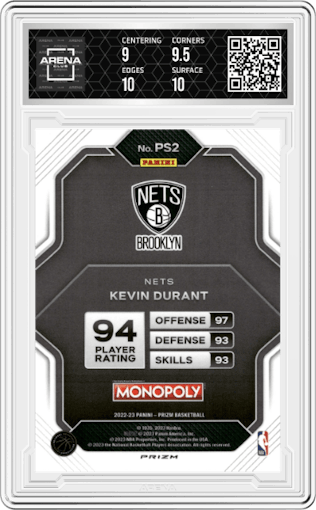 Kevin Durant from the 2022-23 Panini Prizm Monopoly set featuring a GO Space parallel graded by Arena Club and given an overall grade of 9.5.