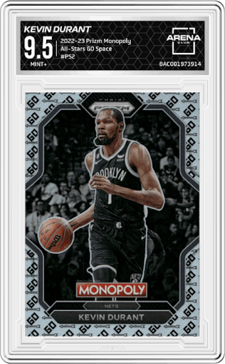 Kevin Durant from the 2022-23 Panini Prizm Monopoly set featuring a GO Space parallel graded by Arena Club and given an overall grade of 9.5.