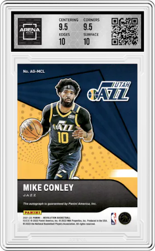 Mike Conley from the 2021-22 Panini Revolution  set graded by Arena Club and given an overall grade of 10.