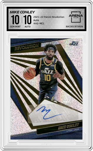 Mike Conley from the 2021-22 Panini Revolution  set graded by Arena Club and given an overall grade of 10.