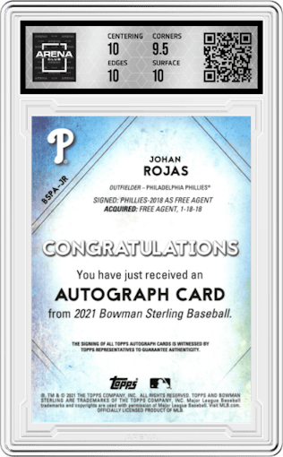 Johan Rojas from the 2021 Bowman Sterling  set featuring a Gold Refractor  parallel graded by Arena Club and given an overall grade of 10.
