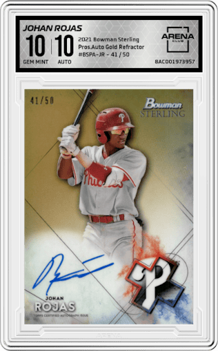 Johan Rojas from the 2021 Bowman Sterling  set featuring a Gold Refractor  parallel graded by Arena Club and given an overall grade of 10.