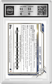 Bobby Witt Jr. from the 2021 Bowman 1st Edition set featuring a Sky Blue Foil  parallel graded by Arena Club and given an overall grade of 10.