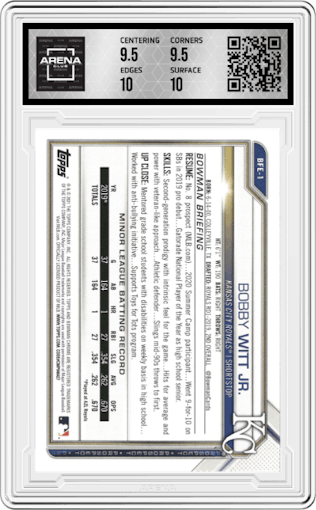 Bobby Witt Jr. from the 2021 Bowman 1st Edition set featuring a Sky Blue Foil  parallel graded by Arena Club and given an overall grade of 10.