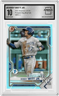 Bobby Witt Jr. from the 2021 Bowman 1st Edition set featuring a Sky Blue Foil  parallel graded by Arena Club and given an overall grade of 10.