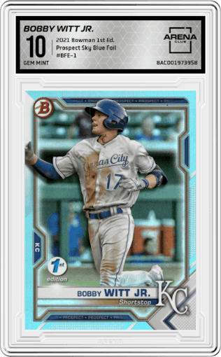 Bobby Witt Jr. from the 2021 Bowman 1st Edition set featuring a Sky Blue Foil  parallel graded by Arena Club and given an overall grade of 10.