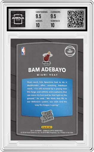 Bam Adebayo from the 2017-18 Panini Donruss Optic set featuring a Shock parallel graded by Arena Club and given an overall grade of 10.