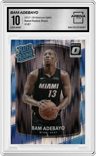 Bam Adebayo from the 2017-18 Panini Donruss Optic set featuring a Shock parallel graded by Arena Club and given an overall grade of 10.