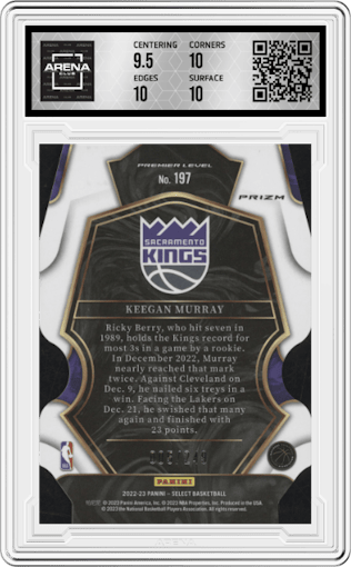 Keegan Murray  from the 2022-23 Panini Select set featuring a Die-Cut Blue parallel graded by Arena Club and given an overall grade of 10.