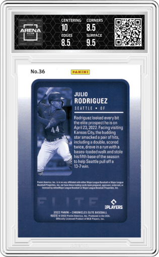 Julio Rodriguez from the 2022 Panini Chronicles set graded by Arena Club and given an overall grade of 9.