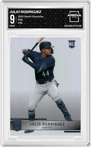 Julio Rodriguez from the 2022 Panini Chronicles set graded by Arena Club and given an overall grade of 9.