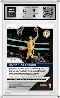 Domantas Sabonis from the 2018-19 Panini Prizm set featuring a Purple Prizm parallel graded by Arena Club and given an overall grade of 10.