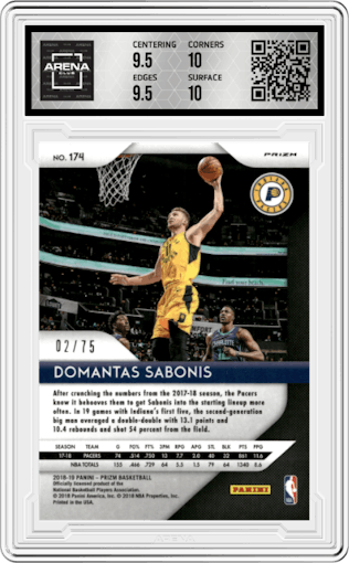 Domantas Sabonis from the 2018-19 Panini Prizm set featuring a Purple Prizm parallel graded by Arena Club and given an overall grade of 10.