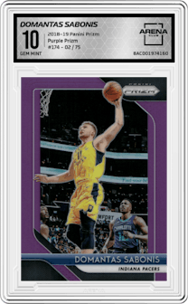 Domantas Sabonis from the 2018-19 Panini Prizm set featuring a Purple Prizm parallel graded by Arena Club and given an overall grade of 10.