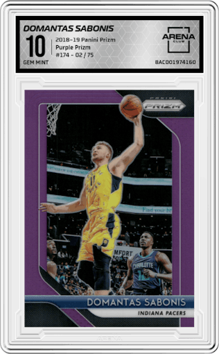 Domantas Sabonis from the 2018-19 Panini Prizm set featuring a Purple Prizm parallel graded by Arena Club and given an overall grade of 10.