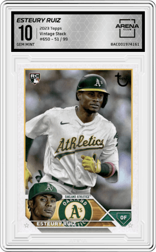 Esteury Ruiz from the 2023 Topps Series 2 set featuring a Vintage Stock parallel graded by Arena Club and given an overall grade of 10.