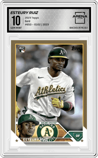 Esteury Ruiz from the 2023 Topps Series 2 set featuring a Gold parallel graded by Arena Club and given an overall grade of 10.