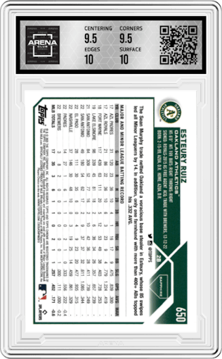 Esteury Ruiz from the 2023 Topps Chrome Sapphire set featuring a Gold parallel graded by Arena Club and given an overall grade of 10.