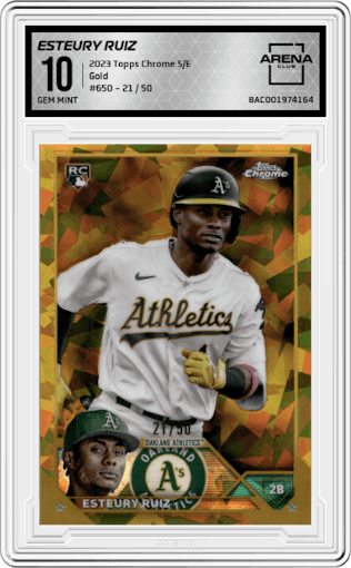 Esteury Ruiz from the 2023 Topps Chrome Sapphire set featuring a Gold parallel graded by Arena Club and given an overall grade of 10.
