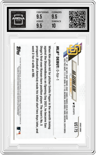 Ha-Seong Kim from the 2021 Topps Update set featuring a Gold Foil parallel graded by Arena Club and given an overall grade of 10.