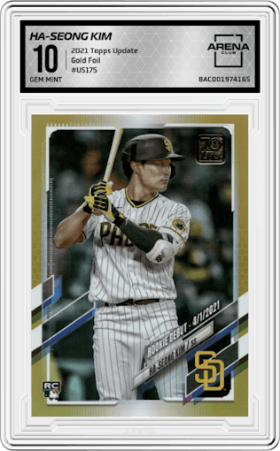 Ha-Seong Kim from the 2021 Topps Update set featuring a Gold Foil parallel graded by Arena Club and given an overall grade of 10.
